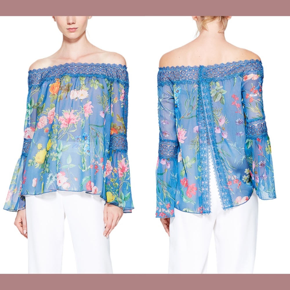 NEW Tadashi Shoji [ 16 ] Romance Crochet Trim Mailys Off Shoulder Top Blue #U793
